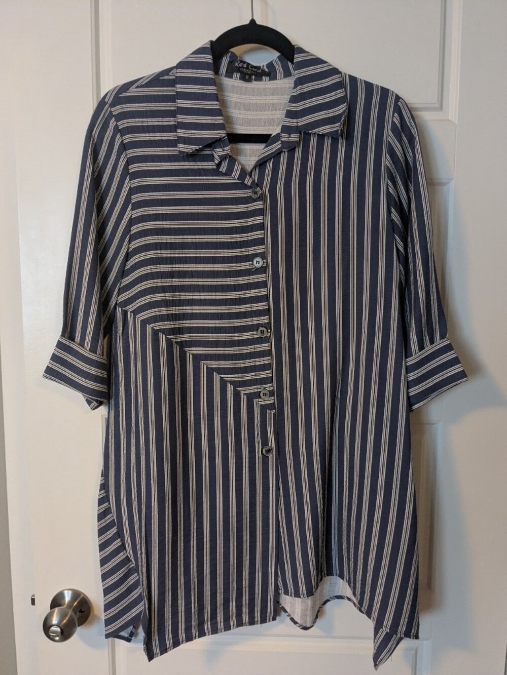 Blue & White Stripe Asymmetrical Button-Up